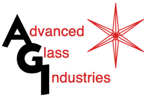 Advanced Glass Industries logo, with the first letter of each word in black and the rest in red