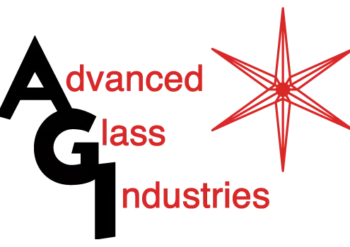 Advanced Glass Industries logo, with the first letter of each word in black and the rest in red
