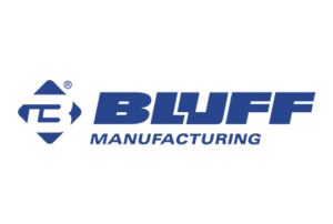 Bluff Manufacturing's logo in blue type