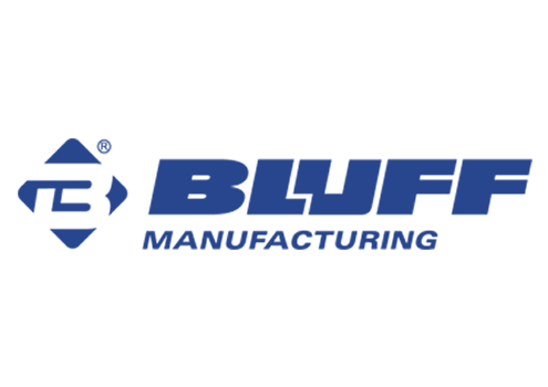 Bluff Manufacturing's logo in blue type