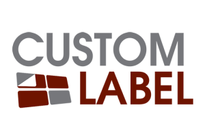 Custom label's logo, with custom spelled in grey and label spelled in red