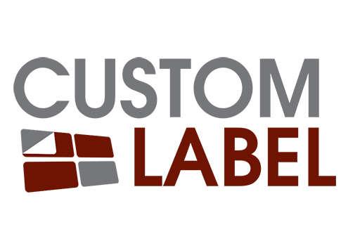 Custom label's logo, with custom spelled in grey and label spelled in red