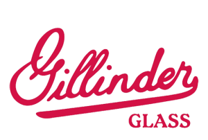 Gillinder Glass logo in red cursive letters