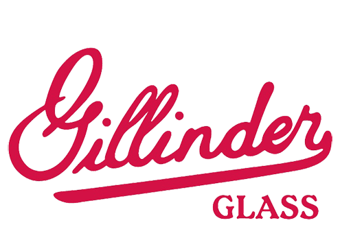 Gillinder Glass logo in red cursive letters