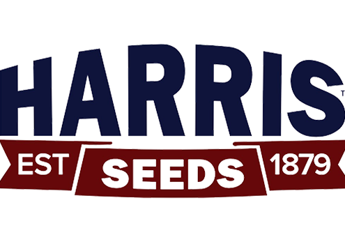 Harris seeds logo spelled in blue and red, including the year it was established-- 1879