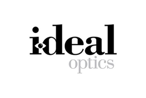 I-deal optics logo, I-deal optics is spelled in black against a white background