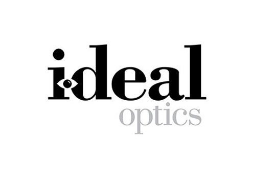I-deal optics logo, I-deal optics is spelled in black against a white background