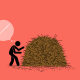 A black figure searches a haystack for a needle