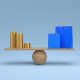 a stack of coins and shopping bags sit on opposite ends of a wooden scale, balancing each other perfectly