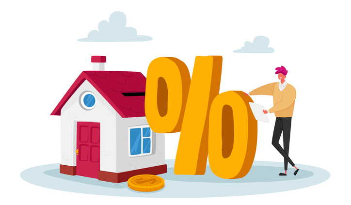 A cartoon man stands beside a house and a large percentage sign, symbolizing the down payment on a mortgage— representing enterprise value vs equity value