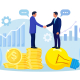 Two men shake hands, one of them standing on a stack of coins and the other on a lightbulb
