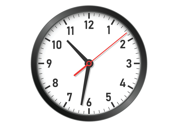 Image of a standard black and white clock with a red second hand.