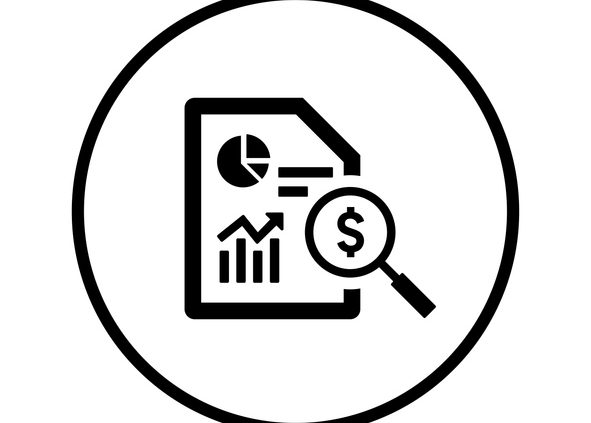 Black image on a white background of a paper with charts on it and a magnifying glass above it.