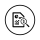 Black image on a white background of a paper with charts on it and a magnifying glass above it.
