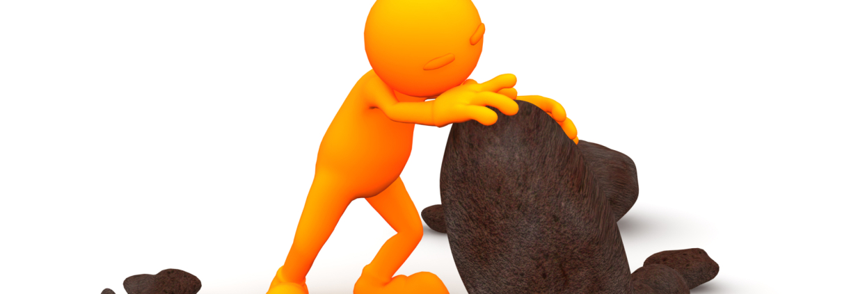 Orange cartoon man lifts up a large boulder to see what is beneath.