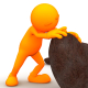 Orange cartoon man lifts up a large boulder to see what is beneath.
