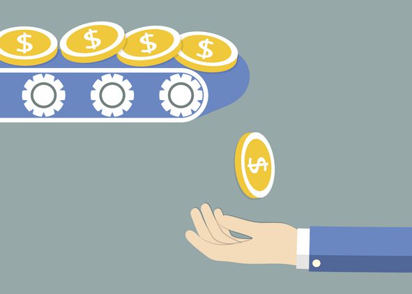 A conveyor belt with coins drops a coin into an extended hand, representing the payouts in an earnout.